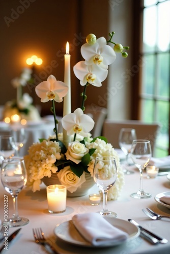 Elegant wedding table centerpiece with white orchid flowers and candles, candlelight, wedding, love
