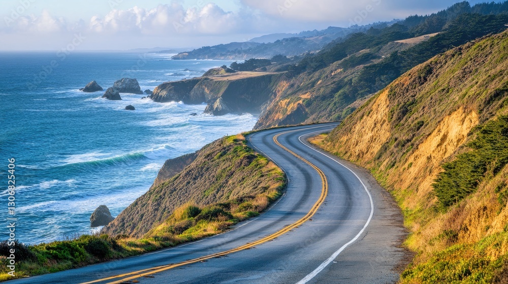 Coastal highway winding along cliffs by the ocean with dramatic waves. Scenic view of a sunny coastline under a partly cloudy sky, perfect for road trips and exploration. Generative AI