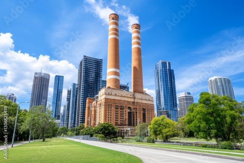 A city skyline with power plants in the background, showing reliance on fossil fuels for electricity