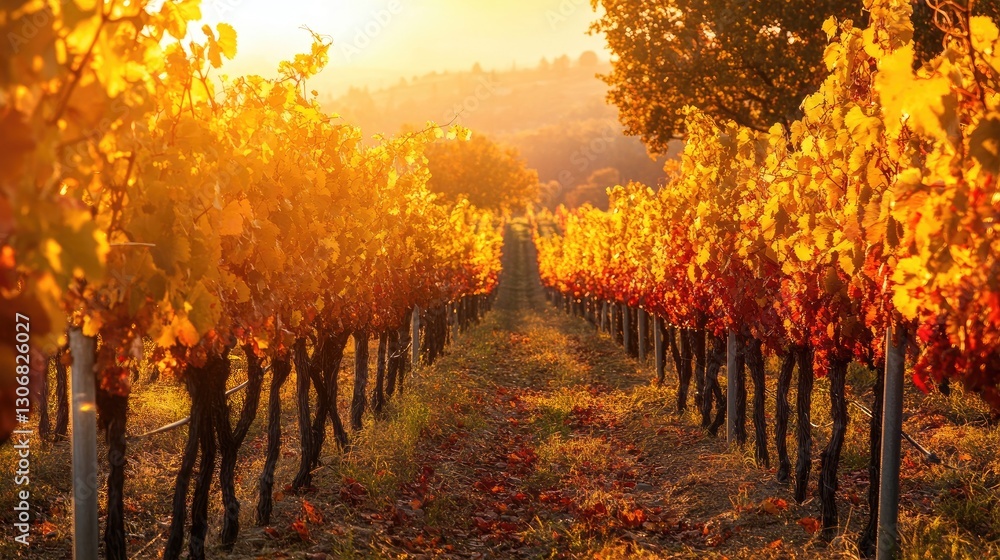 Fototapeta premium Vineyard with rows of grapevines in autumn colors, featuring vibrant yellow, orange, red leaves. Hills in the background under partly cloudy sky. Autumn harvest wine production theme. Generative AI