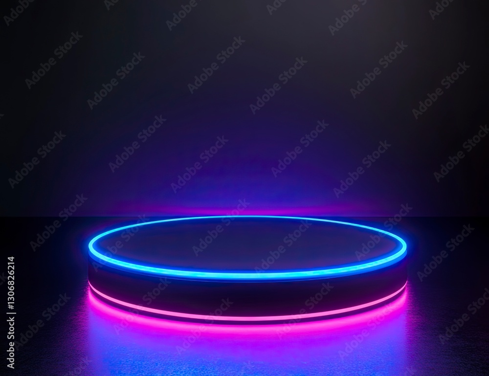3D render, abstract black background with blue and purple glowing neon lines on the floor. Cylindrical pedestal podium for product display presentation mock-up. 3D render, abstract black background with blue and purple glowing neon lines on the floor. Cylindrical pedestal podium for product display presentation mock-up.