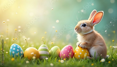 A Bunny with Colorful Eggs in a Bokeh-Lit Grassy Field