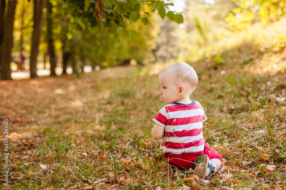 One-year-old little boy exploring the world in an autumn forest One-year-old little boy exploring the world in an autumn forest