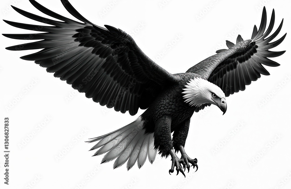 Obraz premium Majestic eagle soars on white background. Monochrome bird of prey with spread wings and detailed feathers, claws, isolated on white. Powerful predator symbol of freedom and American pride.