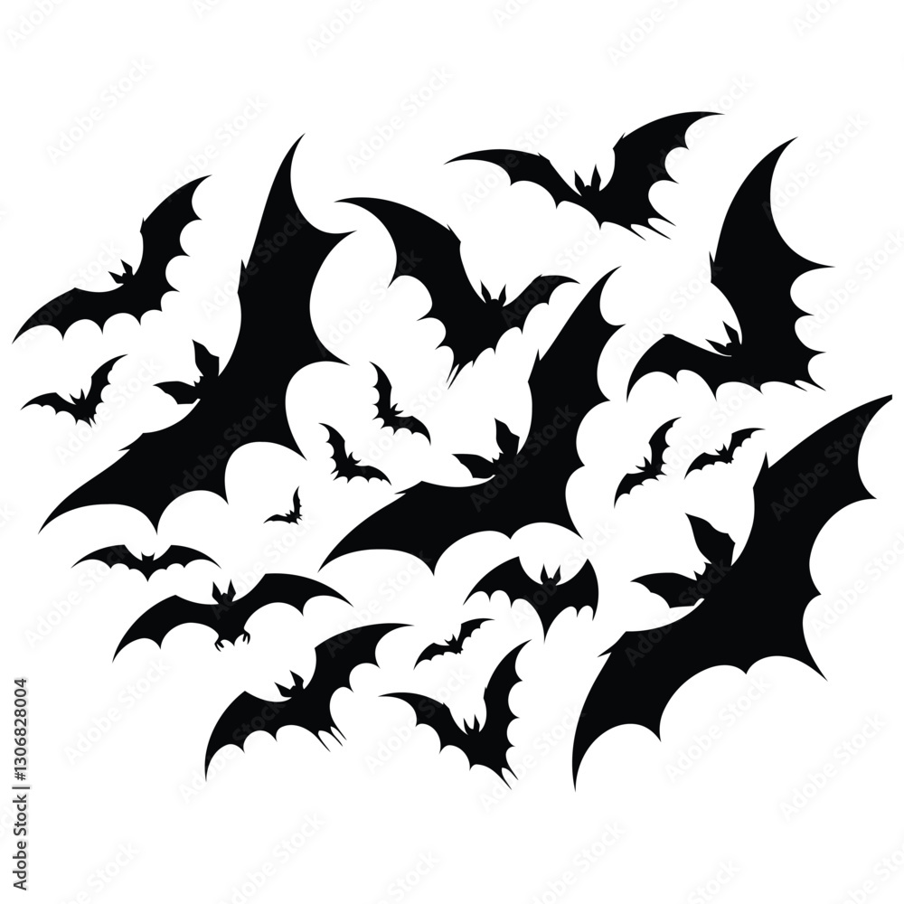 Naklejka premium Swarm of Flying Bats Silhouette – Spooky Halloween Vector Illustration for Horror Designs