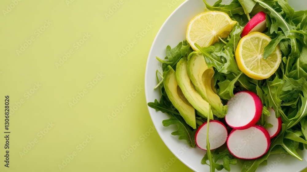 Vibrant Salad Bowl: A fresh and colorful salad bowl brimming with healthy ingredients like avocado, lemon slices, and radishes. captured with top view Vibrant Salad Bowl: A fresh and colorful salad bowl brimming with healthy ingredients like avocado, lemon slices, and radishes. captured with top view