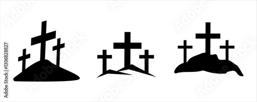 Cross symbol. Three crosses. Calvary. Vector cross. Christian Praying hands worship and hope innocent or peaceful, trust or prosperity, devotion and serene with Christian cross Jesus. Vector.