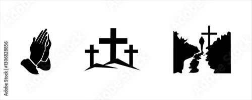 Cross symbol. Three crosses. Calvary. Vector cross. Christian Praying hands worship and hope innocent or peaceful, trust or prosperity, devotion and serene with Christian cross Jesus. Vector.