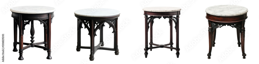 Fototapeta premium Beautifully crafted vintage wooden end tables with ornate intricate carvings and a traditional classic design placed in a elegant refined room setting