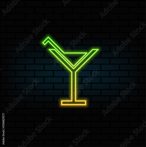 Cocktail glass with some decoration, hand drawn contour illustration. neon style. Luxury drink in clear glass with some berry details on a toothpick with simple object logo decoration.
