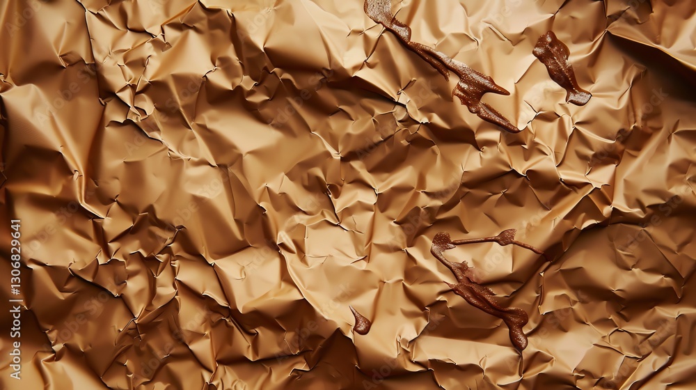 A crumpled piece of brown paper with dark brown paint splatters. A crumpled piece of brown paper with dark brown paint splatters.