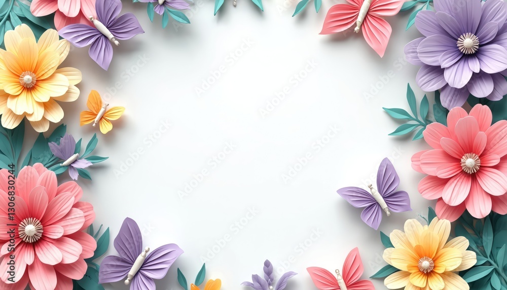 Paper craft flower round frame with butterfly. 3d botanical clip art. Round floral frame with paper hand-made flowers, butterflies. Birthday decoration, love celebration, spring blossom, gift card Paper craft flower round frame with butterfly. 3d botanical clip art. Round floral frame with paper hand-made flowers, butterflies. Birthday decoration, love celebration, spring blossom, gift card