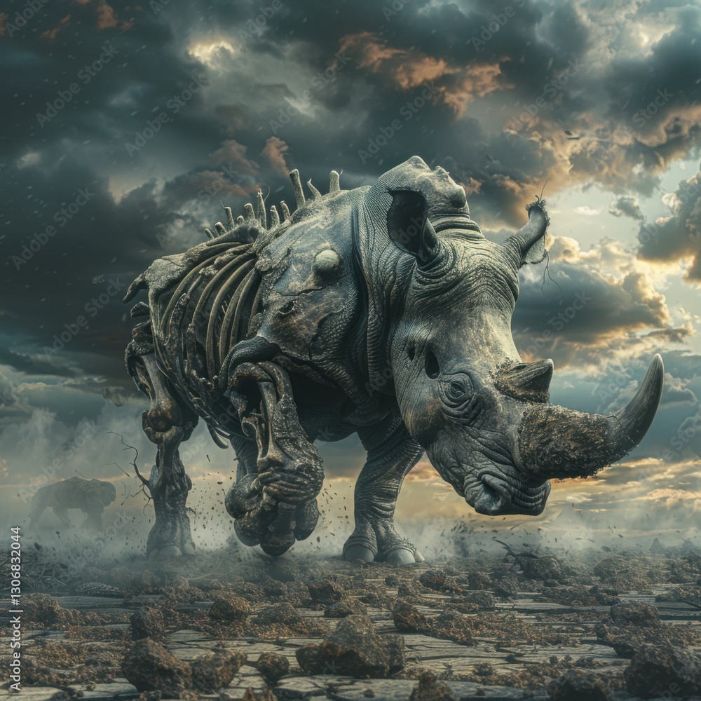 Fototapeta premium Distressed Rhinoceros with Exposed Bones in Dramatic Landscape