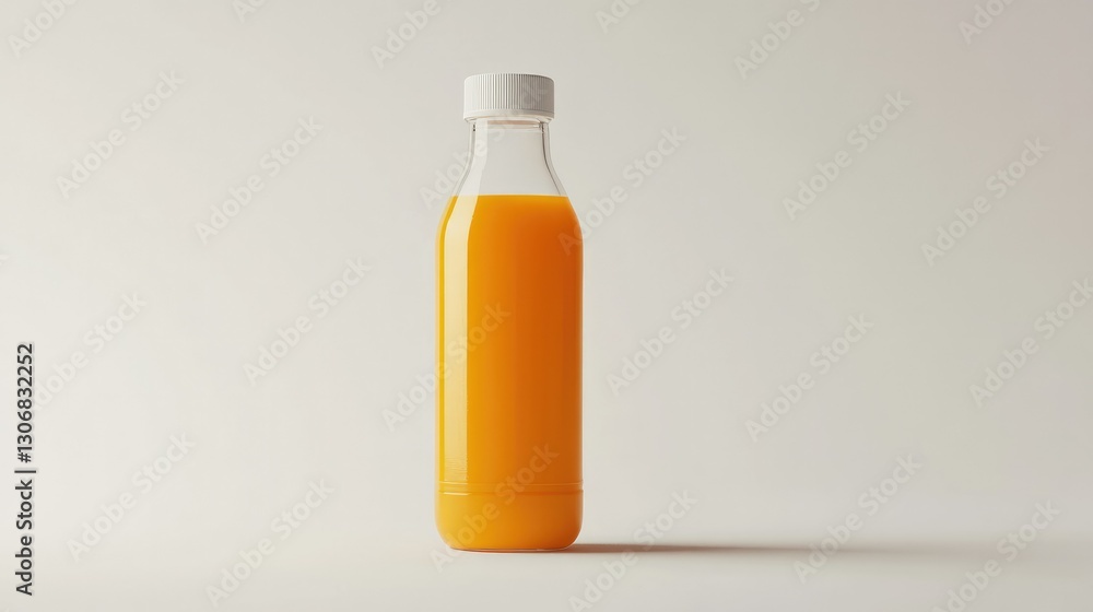 A transparent bottle with a sealed cap, filled with fresh carrot juice, standing on a pure white background. Clean and professional packaging A transparent bottle with a sealed cap, filled with fresh carrot juice, standing on a pure white background. Clean and professional packaging