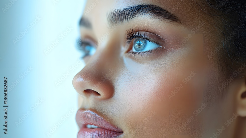 Fototapeta premium Close-Up of a Woman with Beautiful Eyes and Radiant Skin her thoughtful expression and captivating features.