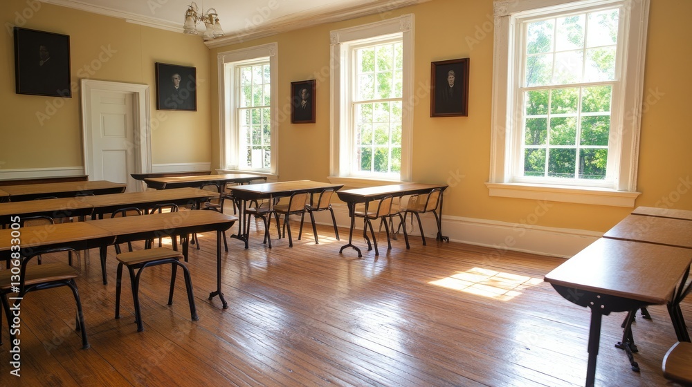 Fototapeta premium A warm and inviting classroom space featuring classic wooden floors and traditional desks