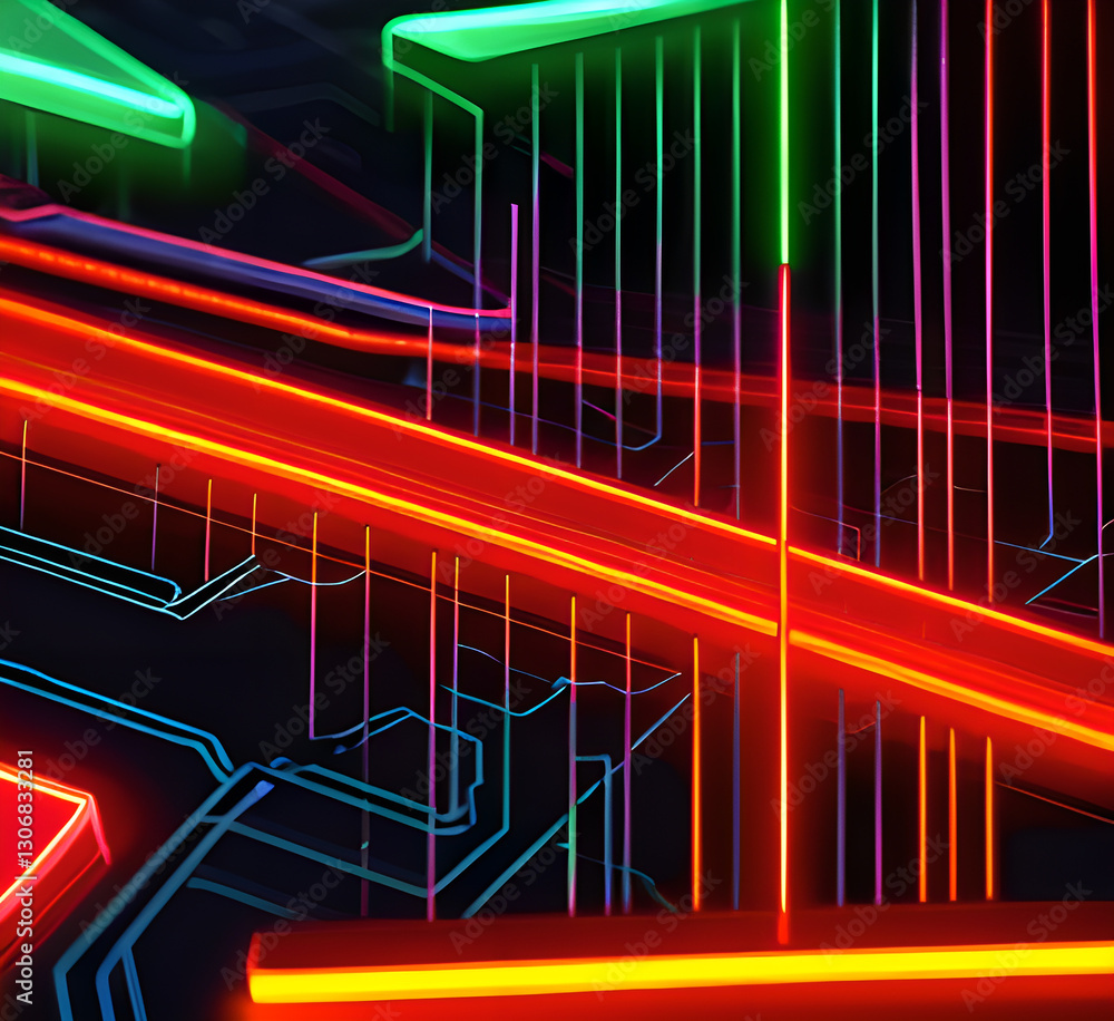 Abstract neon arrow direction random light on black empty space design modern futuristic technology background illustration.,generative AI Abstract neon arrow direction random light on black empty space design modern futuristic technology background illustration.,generative AI