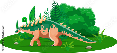 Cartoon dinosaur Polacanthus or prehistoric lizard in Jurassic forest, vector dino character. Prehistoric Polacanthus dinosaur or spine spike lizard for kids paleontology atlas or dino era museum