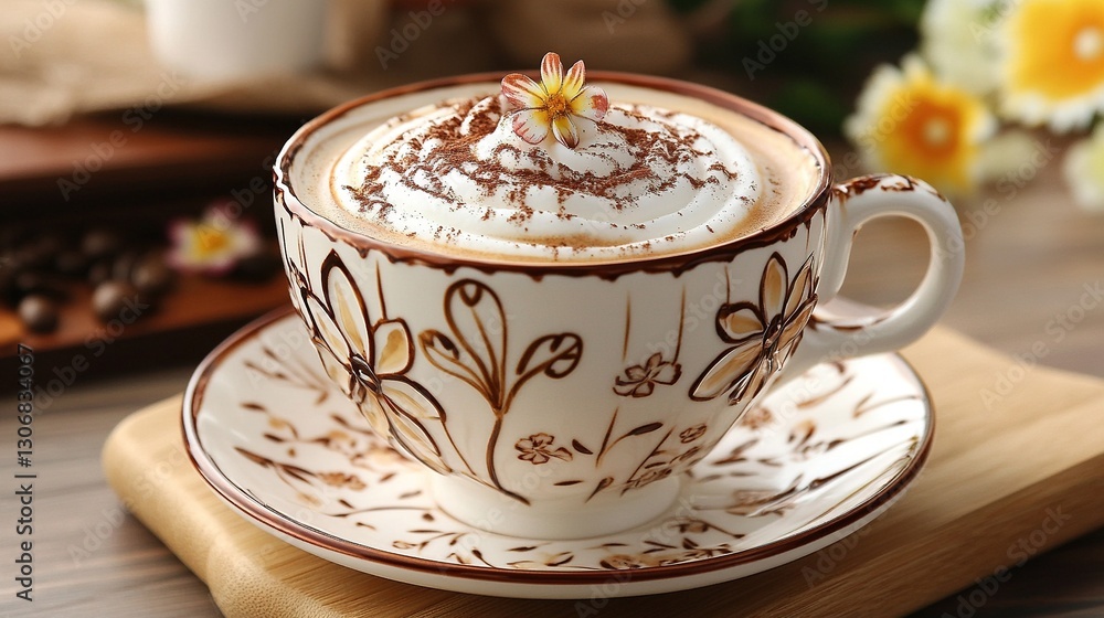 A cup of coffee with cream on top, decorated in an elegant floral pattern and brown lines, is placed on the table. vintage style A cup of coffee with cream on top, decorated in an elegant floral pattern and brown lines, is placed on the table. vintage style