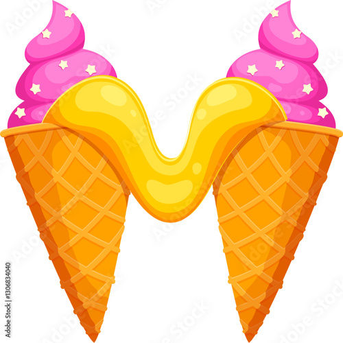 Fast food ice cream meal cartoon English alphabet font typeface letter M. Fastfood restaurant meal ABC font element, takeaway vector English font typeset symbol. Street menu snack Latin typeset letter
