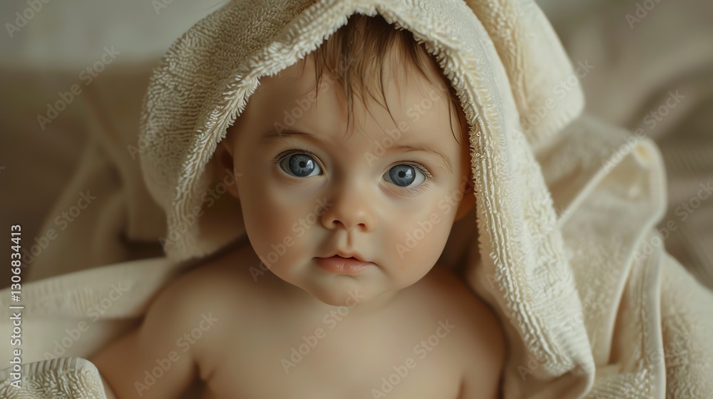 A baby with big blue eyes is wrapped in a white towel. A baby with big blue eyes is wrapped in a white towel.