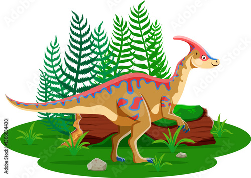 Parasaurolophus prehistoric dinosaur character standing on lush green terrain with surrounding ferns and rocks. Isolated cartoon vector playful dino with a distinctive red crest and blue markings