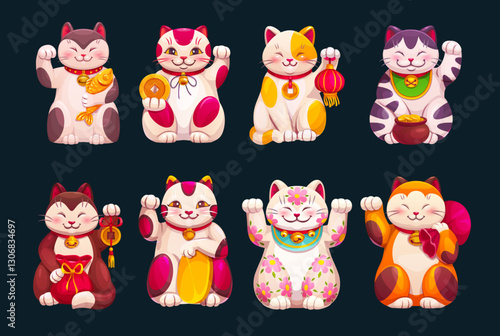 Cartoon japanese maneki neko cats characters with lucky coins, money bags and pot, fish and oriental paper lantern. Vector kawaii maneki neko cat or kitty animal toys waving paws with happy smiles
