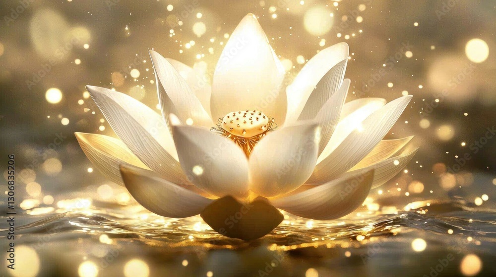 A luminous white lotus flower floats on golden shimmering water A luminous white lotus flower floats on golden shimmering water