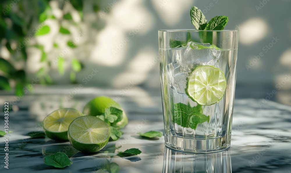 Elegant glass of sparkling water with fresh mint leaves and slices of lime, placed on a sleek marble surface with soft reflections Elegant glass of sparkling water with fresh mint leaves and slices of lime, placed on a sleek marble surface with soft reflections