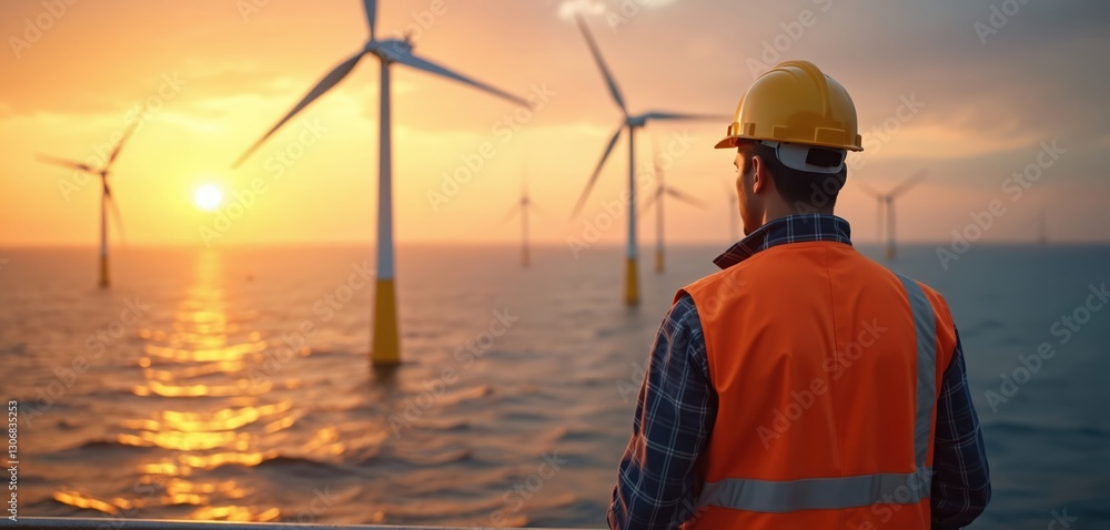 Obraz premium Rear view of worker observing wind turbines at sunset. Man in orange jacket, hard hat look at ocean, windmills. Engineer controls alternative eco energy, power generation at windfarm. Green energy