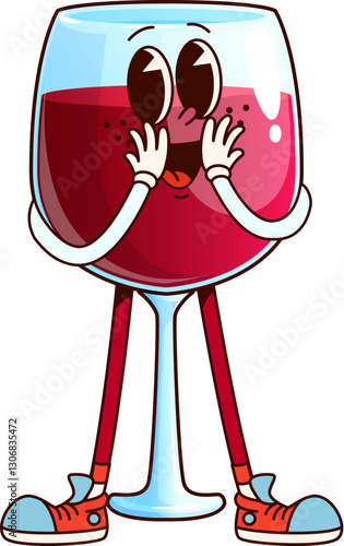 Red wine beverage groovy cheerful character. Bar merlot beverage wineglass vintage groovy isolated vector character. Winery burgundy cocktail goblet happy personage, red Wine glassware cheerful mascot