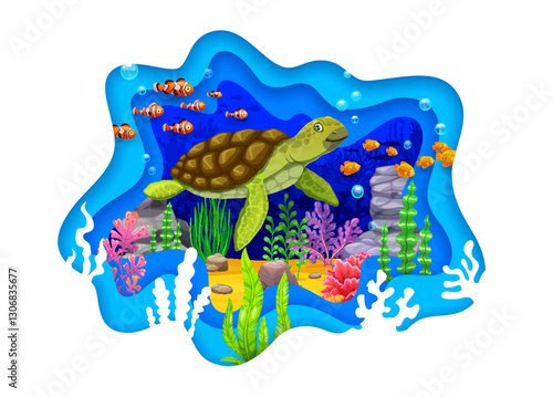 Paper cut underwater sea landscape banner with funny turtle and tropical fish shoals characters. Vector ocean animals, seaweeds and corals cartoon underwater landscape in 3d paper cut layered frame