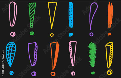 Set of hand drawn colorful doodle exclamation marks icons. Ink or charcoal graphic vector elements
