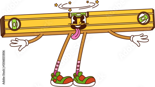 Groovy building DIY repair tool character of level measure instrument, cartoon vector. Groovy level measuring tool with funny face, dizzy stars and tongue out for carpentry tool cartoon character