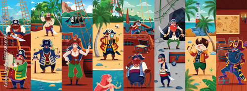 Cartoon funny pirate and corsair characters collage at ship and treasure island vector background. Cute pirate captains and sailors, girl corsair and mermaid characters with guns, swords and map