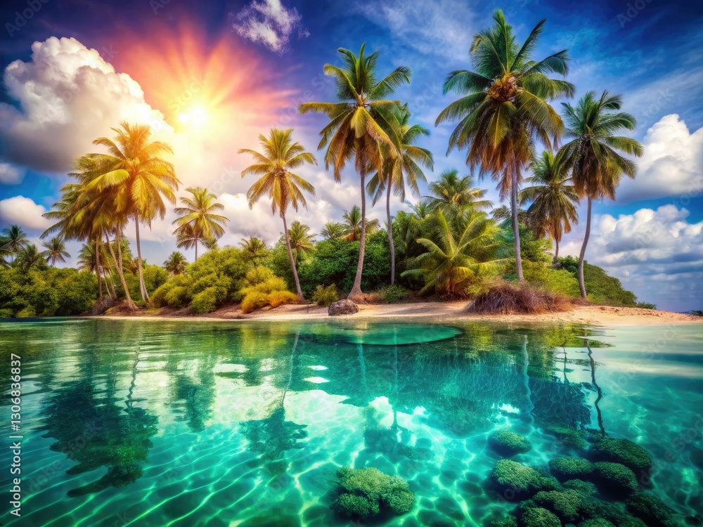 Obraz premium Sun-kissed Cuban sands, vibrant sea, a double exposure dream. Tropical paradise awaits.