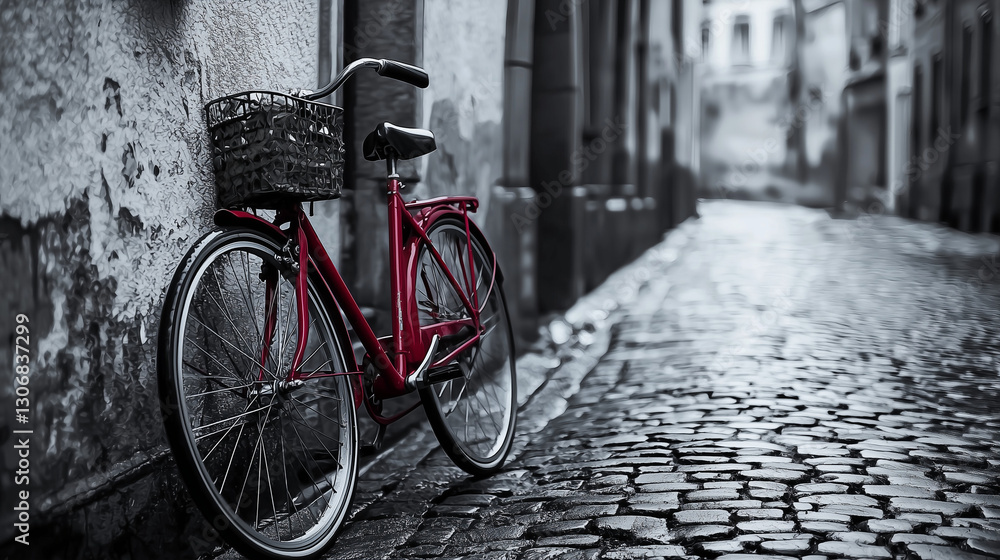 Retro red bicycle by a cobblestone wall, black and white tones evoke timeless nostalgia. Retro red bicycle by a cobblestone wall, black and white tones evoke timeless nostalgia.
