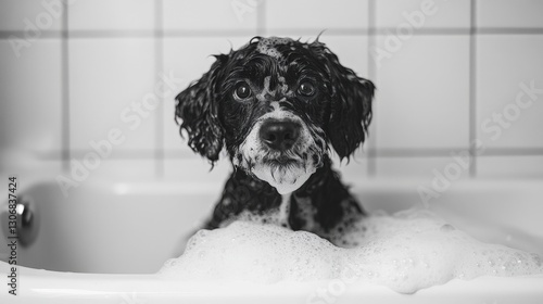 Close-up of a pristine white bathtub brimming with frothy water, featuring a captivating black-and-white image of a dog’s face, its fur glistening with moisture
