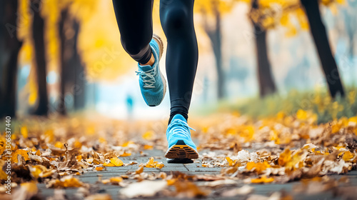 Fototapeta Naklejka Na Ścianę i Meble -  Runner's legs in motion on autumn leaves. Fitness and wellness in nature with blue shoes and black leggings.