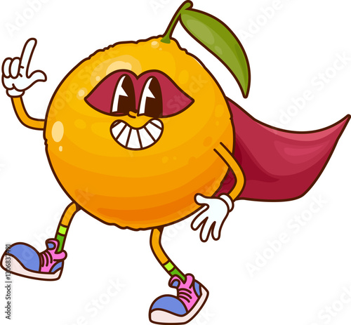 Cartoon groovy orange fruit superhero character. Vector citrus super hero comics book personage in cape, sneakers and defender mask with raised finger. Fairytale healthy food, funny tropical plant