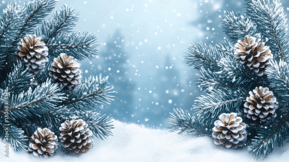 pine branches on winter christmas background,cartoon illustration style pine branches on winter christmas background,cartoon illustration style
