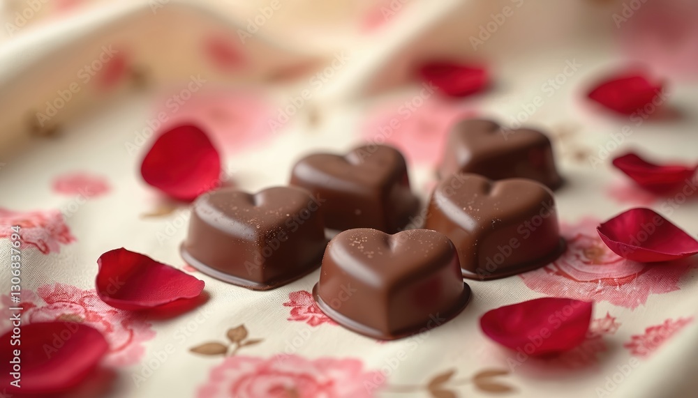 Minimalistic setup with chocolate hearts scattered on floral-printed fabric. Red flower petals arranged around sweets. Romantic Valentines day holiday, love celebration, yummy surprise. Delicious Minimalistic setup with chocolate hearts scattered on floral-printed fabric. Red flower petals arranged around sweets. Romantic Valentines day holiday, love celebration, yummy surprise. Delicious