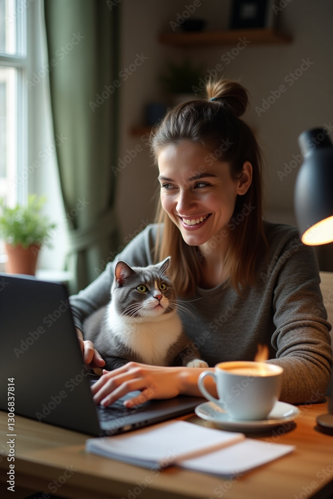 freelancer girl working from home with a cat on her lap freelancer girl working from home with a cat on her lap