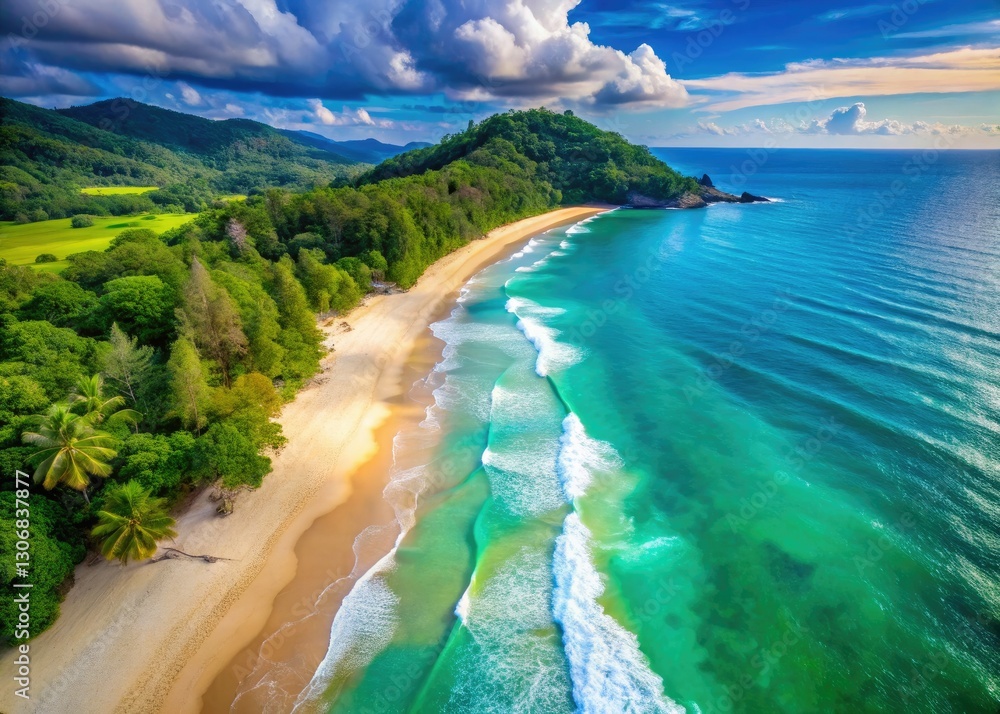 Fototapeta premium Thailand's idyllic beaches: Turquoise waters crash on pristine sands, a tropical haven from above.