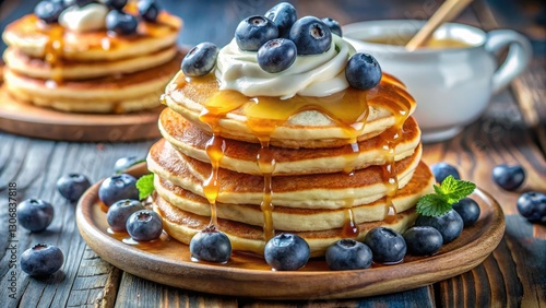 Sweet blueberry pancakes drizzled with honey, a tempting breakfast treat. photo