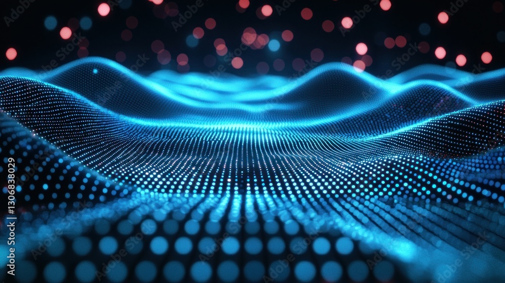 A blue digital wave field with red glowing particles on top A blue digital wave field with red glowing particles on top