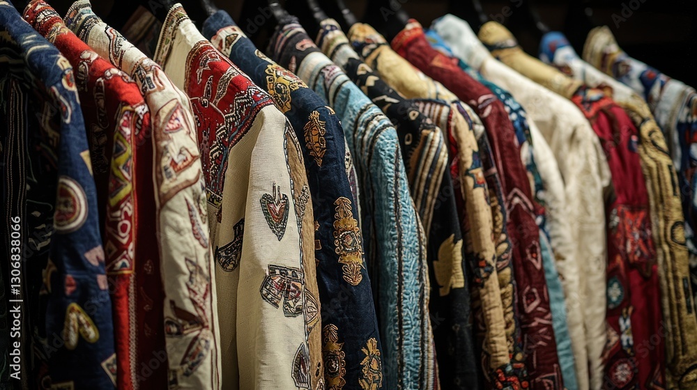 Colorful patterned shirts hanging on a rack. Colorful patterned shirts hanging on a rack.