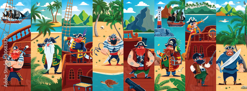 Cartoon pirate and corsair characters collage. Adventurous filibuster personages with swords, hooks and ships, surrounded by tropical island landscapes, capture the spirit of the high seas adventures