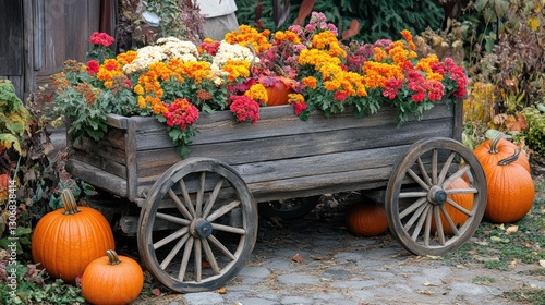 Fototapeta Naklejka Na Ścianę i Meble -  Rustic wooden wagon decorated with pumpkins and colorful autumn flowers. Set in a countryside yard with a wooden shed in the background. Seasonal fall decoration. Generative AI