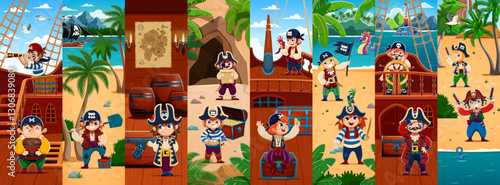 Cartoon kid pirates and corsair characters collage for Caribbean adventure, vector background. Kids pirates in captain tricorne hat, skipper bandana and boatswain guns in boat ship with treasure chest